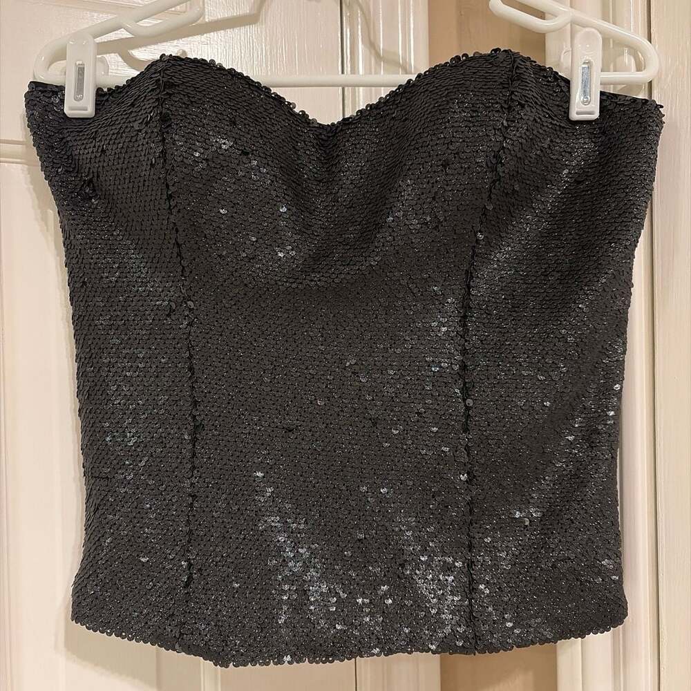 bebe Black Sequin Strapless Bustier Corset Top
